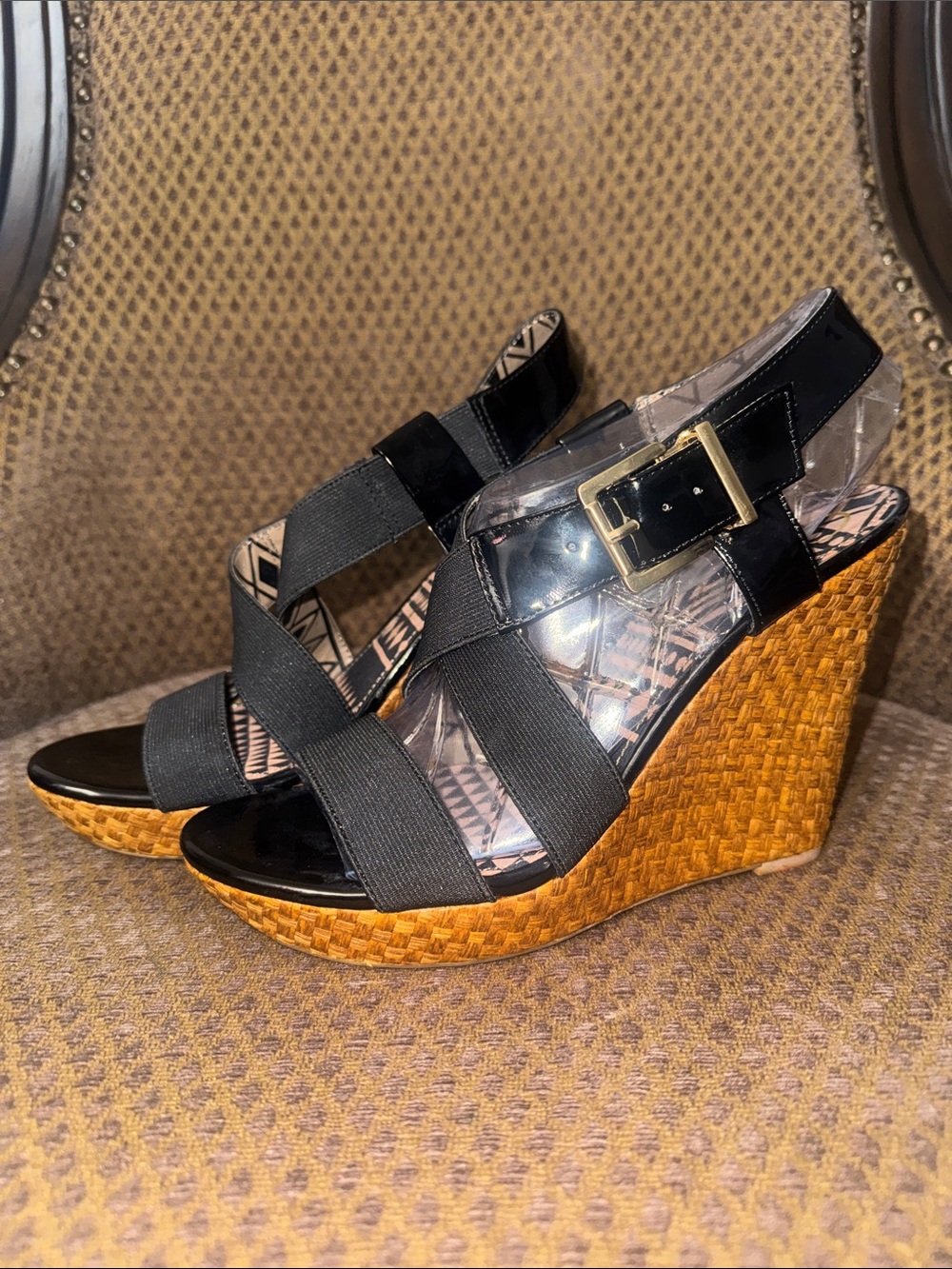 Jessica Simpson Black Strappy Wedge Sandals with Woven Tan Platform